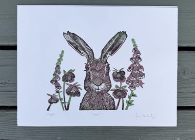 "Hare" print by Jessi Van Gundy displayed on deck boards