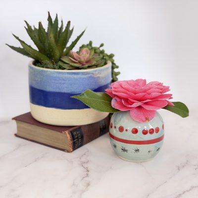 Striped planter with succulents beside a bud vase with a flower